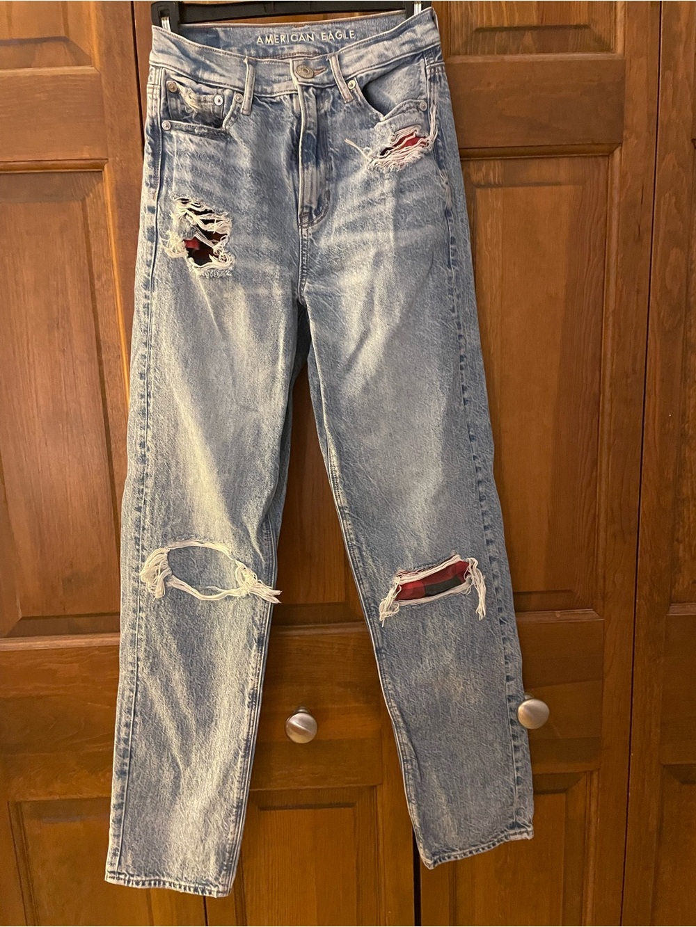 American Eagle Outfitters Light Wash Straight Leg Jeans with Red Plaid Underlays